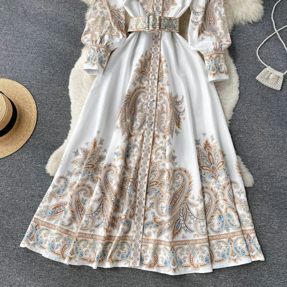 Victoria Robe Maxi Femme Imprimé Cachemire avec Ceinture et Col Élégant Chic