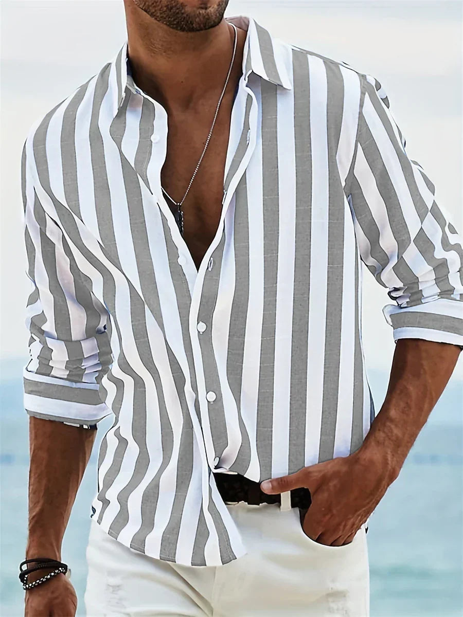 Everett Chemise Homme – Chemise Rayée en Coton et Lin avec Col Classique
