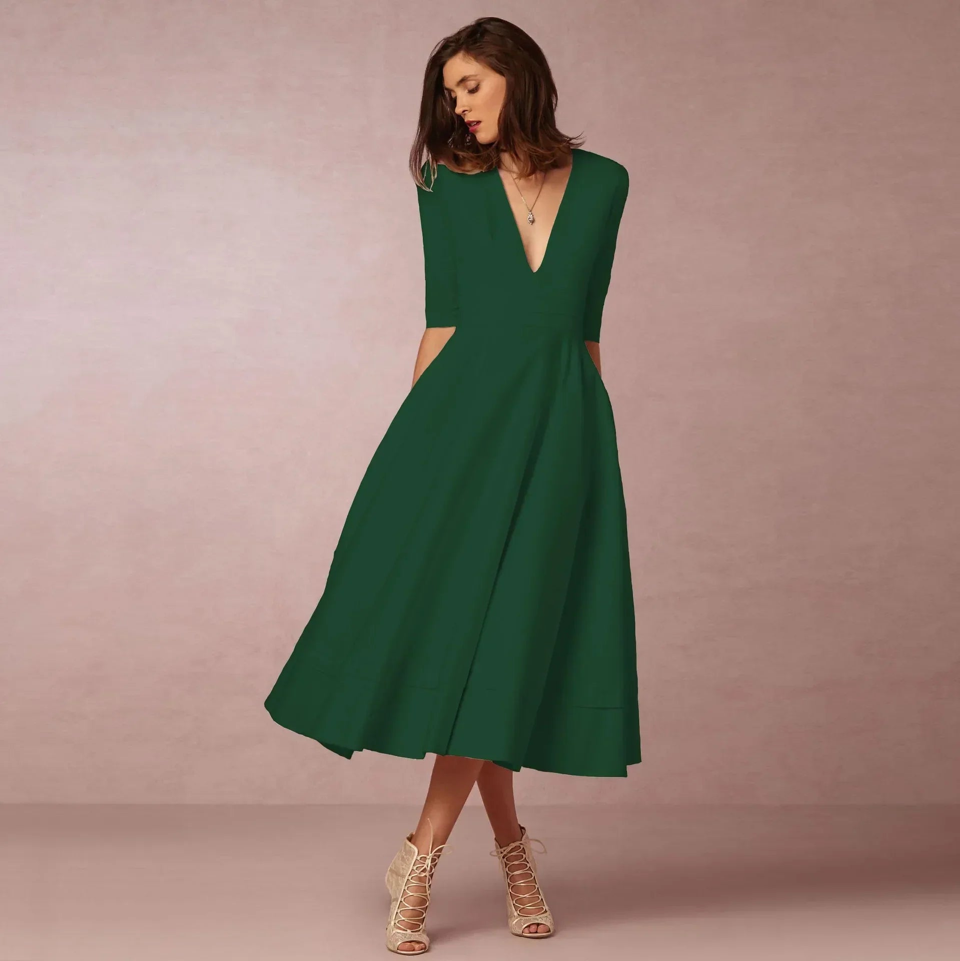 Kennedy Robe Midi Femme – Robe Évasée à Col V avec Taille Cintrée et Élégance Intemporelle