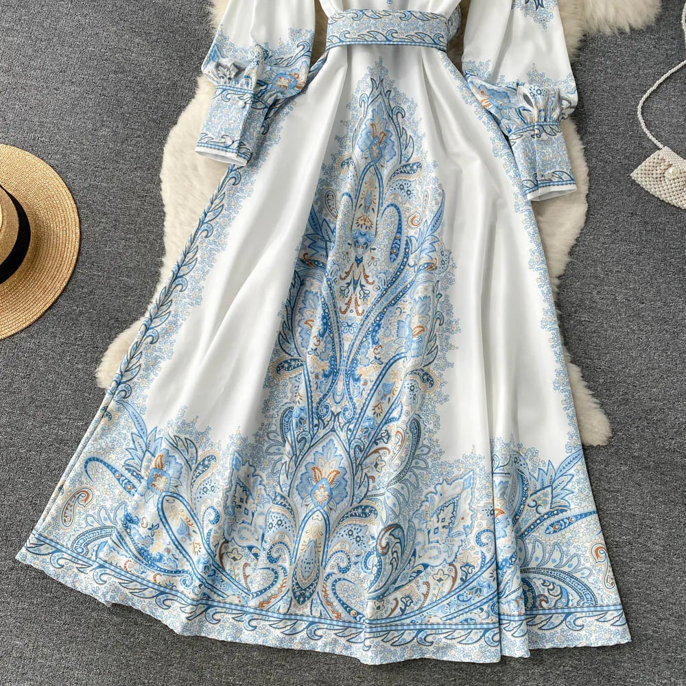 Victoria Robe Maxi Femme Imprimé Cachemire avec Ceinture et Col Élégant Chic