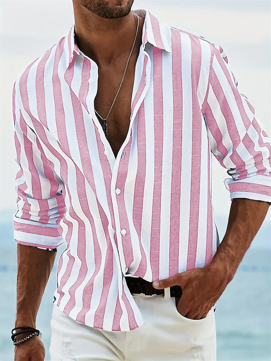 Everett Chemise Homme – Chemise Rayée en Coton et Lin avec Col Classique