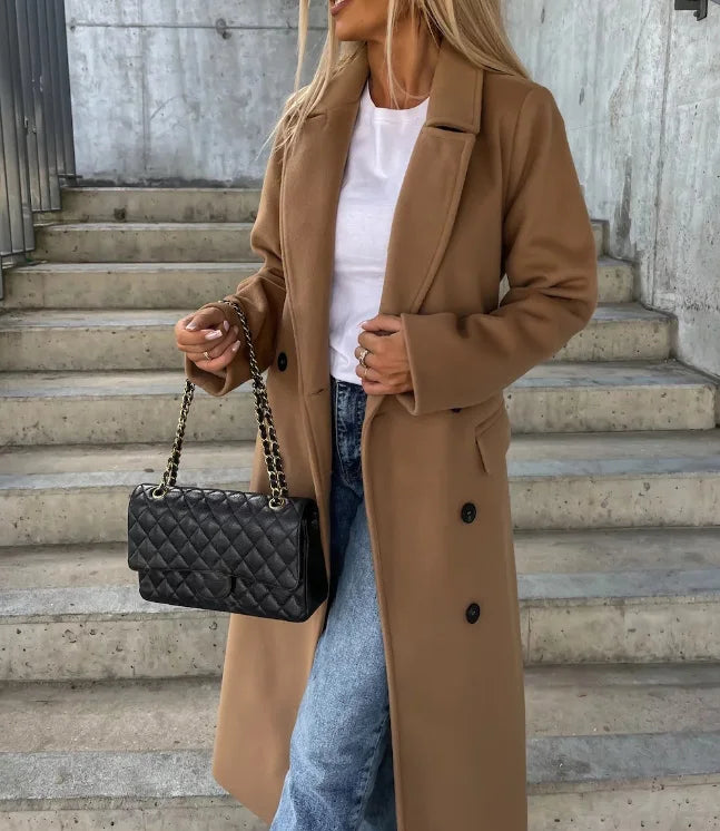 Agnès Manteau Femme – Long Manteau en Laine, Double Boutonnage & Coupe Structurée