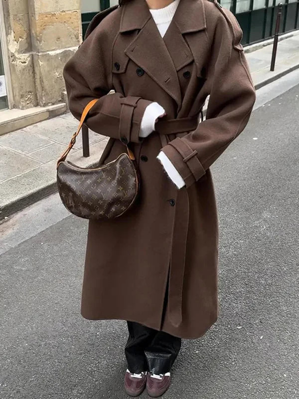 Skylar Manteau Femme en Laine – Trench Long Ceinturé avec Double Boutonnage et Style Élégant