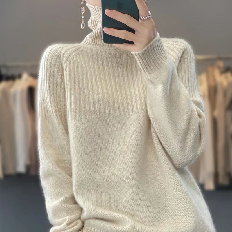 Évelyne Pull Col Roulé Femme – Tricot Doux, Détails Côtelés & Coupe Relax