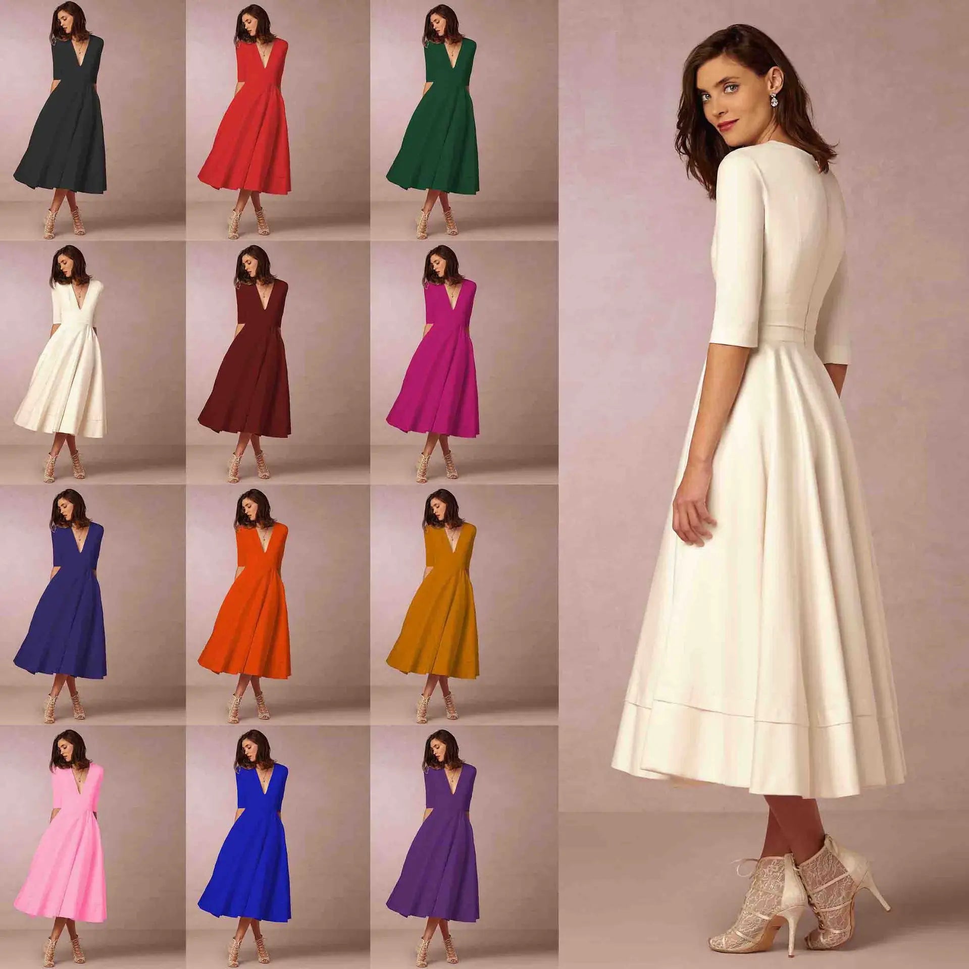 Kennedy Robe Midi Femme – Robe Évasée à Col V avec Taille Cintrée et Élégance Intemporelle
