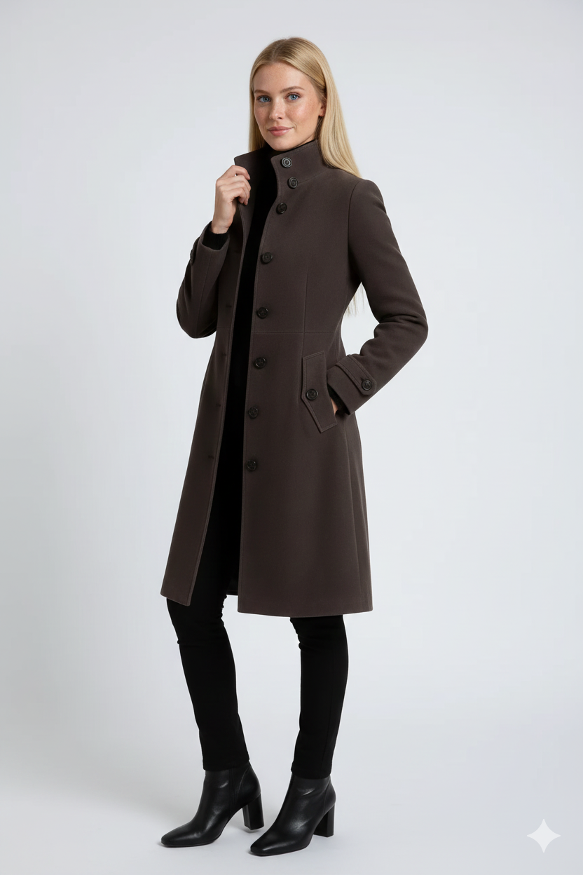 Emerson Trenchcoat Femme – Manteau Long Élégant avec Col Montant & Coupe Cintrée