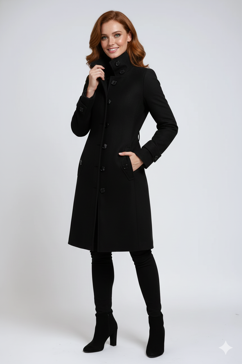 Emerson Trenchcoat Femme – Manteau Long Élégant avec Col Montant & Coupe Cintrée