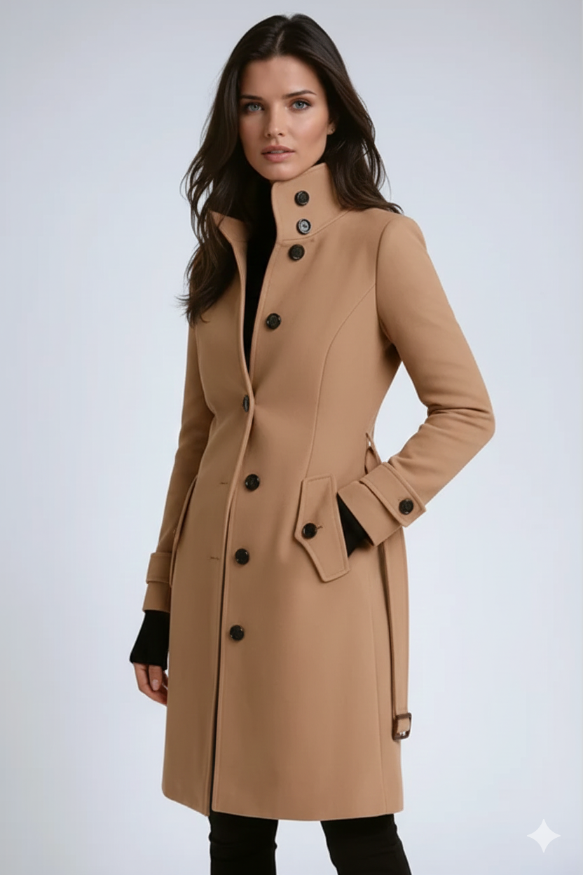 Emerson Trenchcoat Femme – Manteau Long Élégant avec Col Montant & Coupe Cintrée
