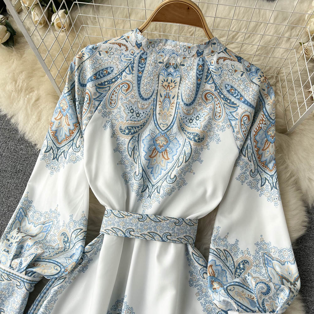 Victoria Robe Maxi Femme Imprimé Cachemire avec Ceinture et Col Élégant Chic