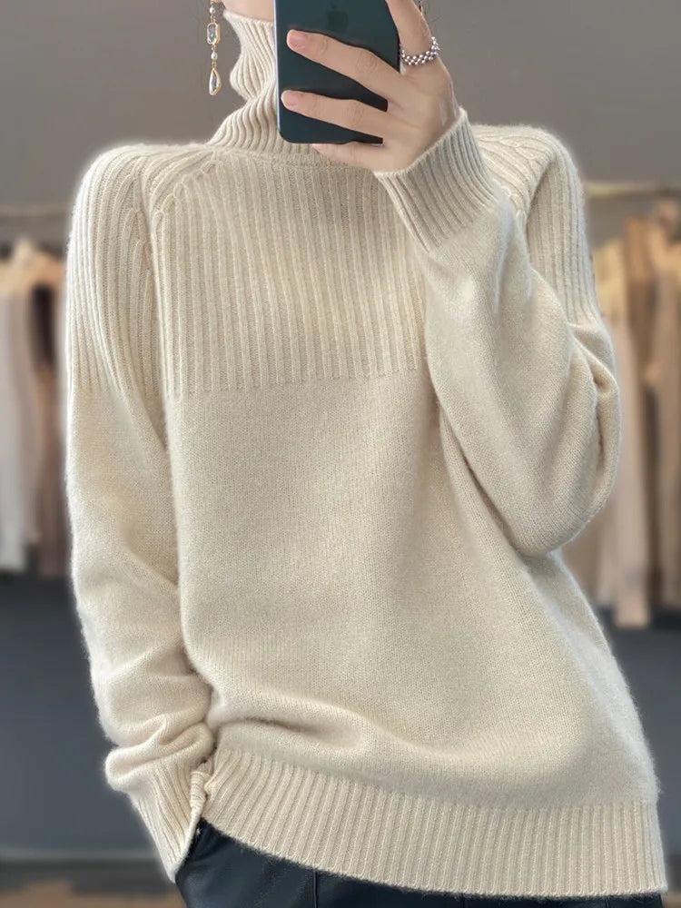Évelyne Pull Col Roulé Femme – Tricot Doux, Détails Côtelés & Coupe Relax