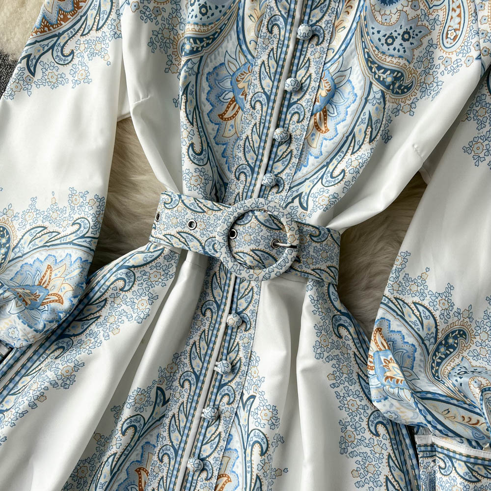 Victoria Robe Maxi Femme Imprimé Cachemire avec Ceinture et Col Élégant Chic