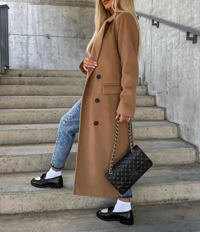 Agnès Manteau Femme – Long Manteau en Laine, Double Boutonnage & Coupe Structurée