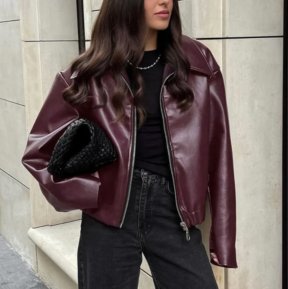 Mila Veste Bomber Femme – Veste en Similicuir Oversize avec Fermeture Zippée