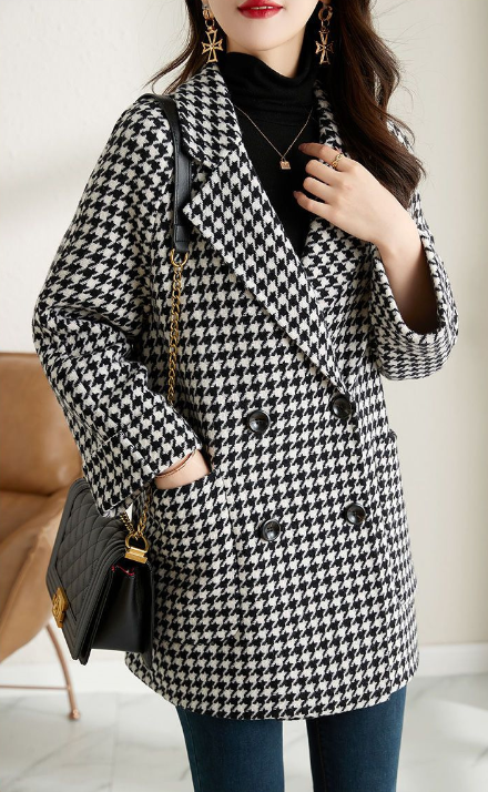 Finley Veste Femme – Manteau Pied-de-Poule Oversize à Double Boutonnage Élégant