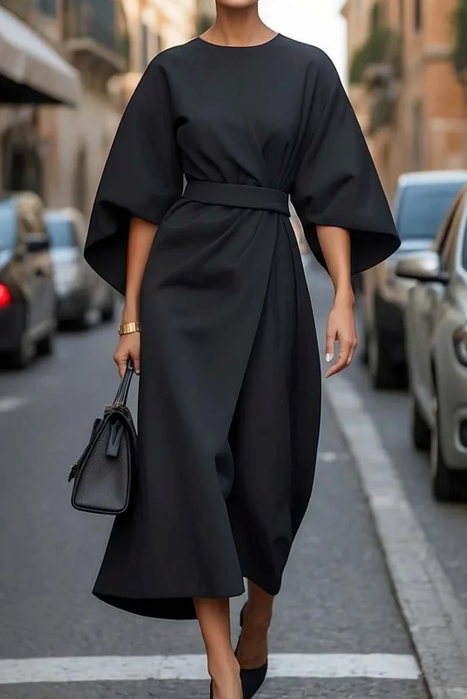 Valentina Robe Femme – Robe Midi Élégante à Manches Amples avec Taille Ceinturée