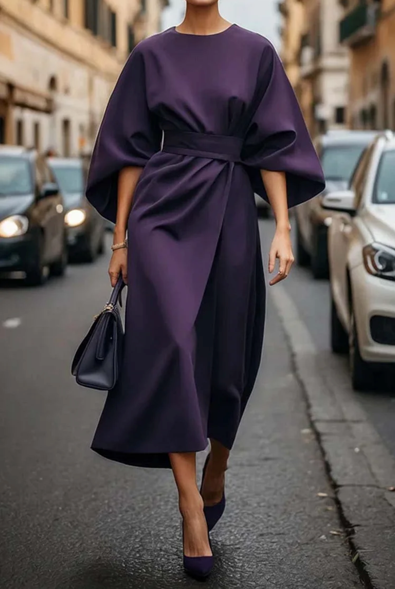 Valentina Robe Femme – Robe Midi Élégante à Manches Amples avec Taille Ceinturée