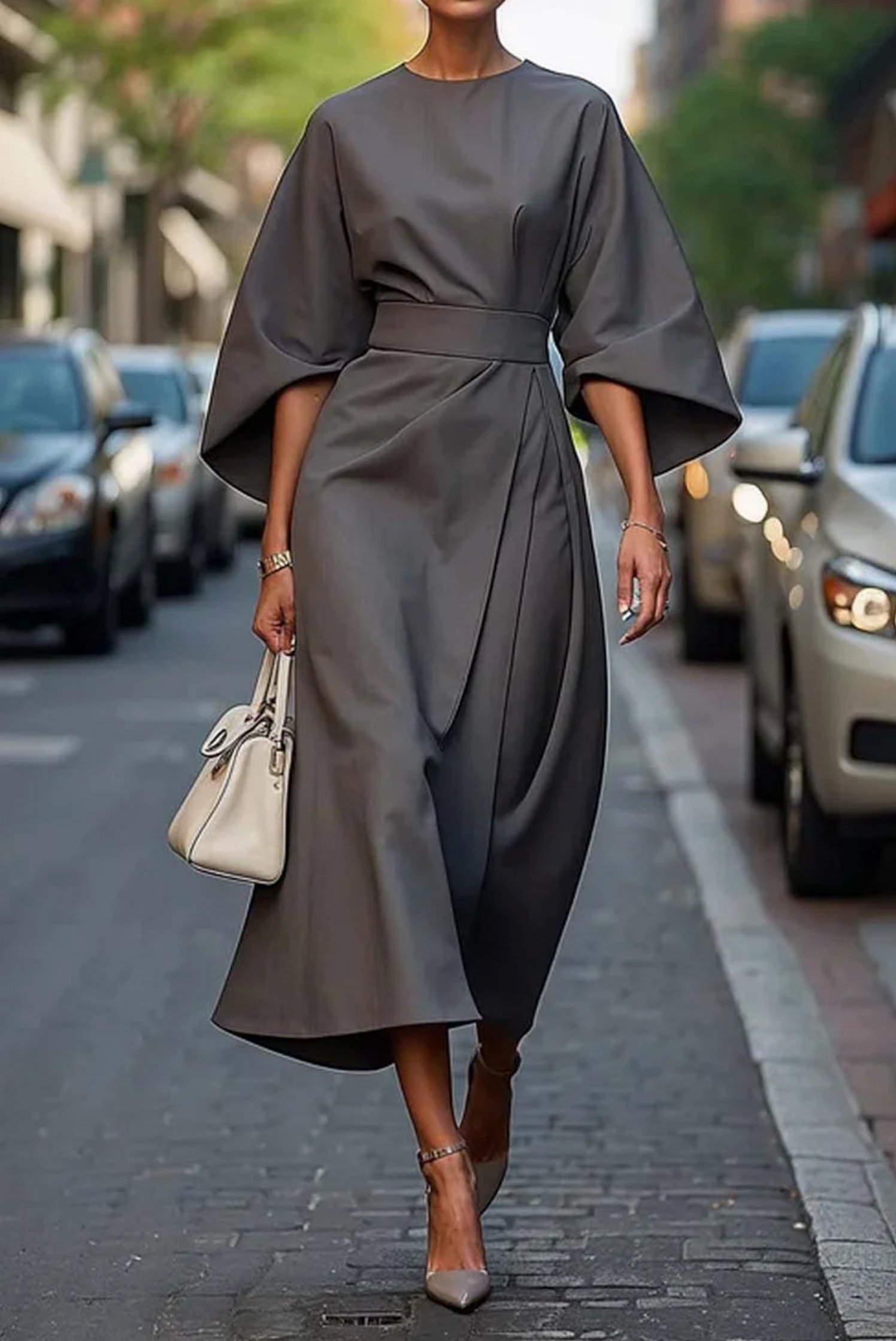 Valentina Robe Femme – Robe Midi Élégante à Manches Amples avec Taille Ceinturée