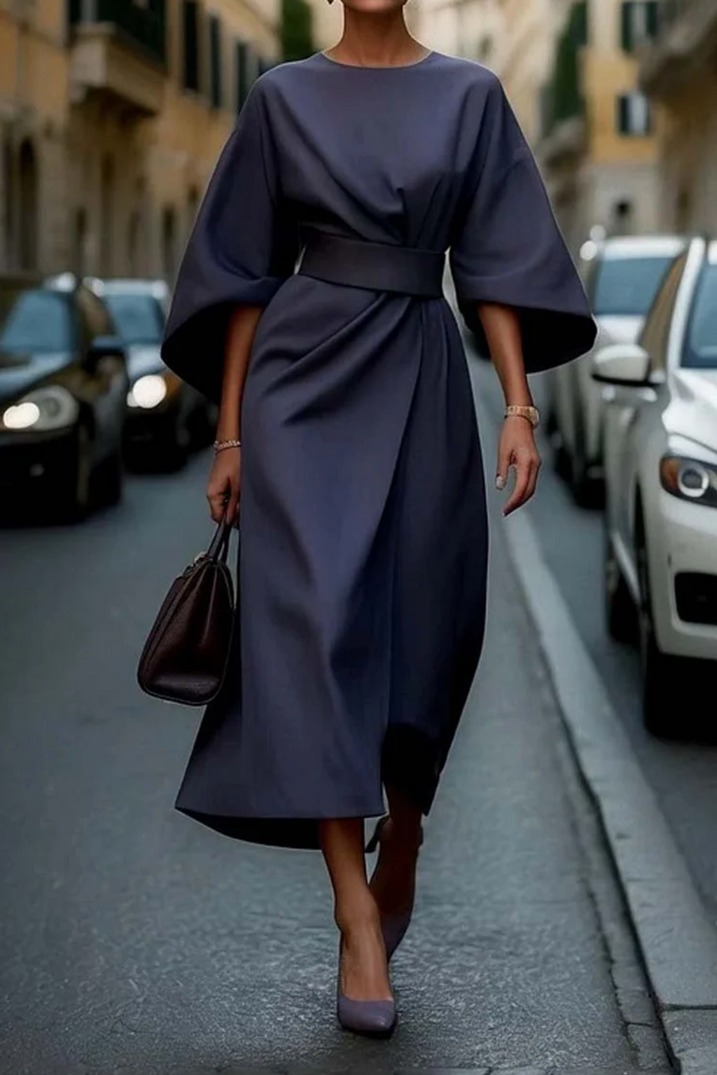 Valentina Robe Femme – Robe Midi Élégante à Manches Amples avec Taille Ceinturée