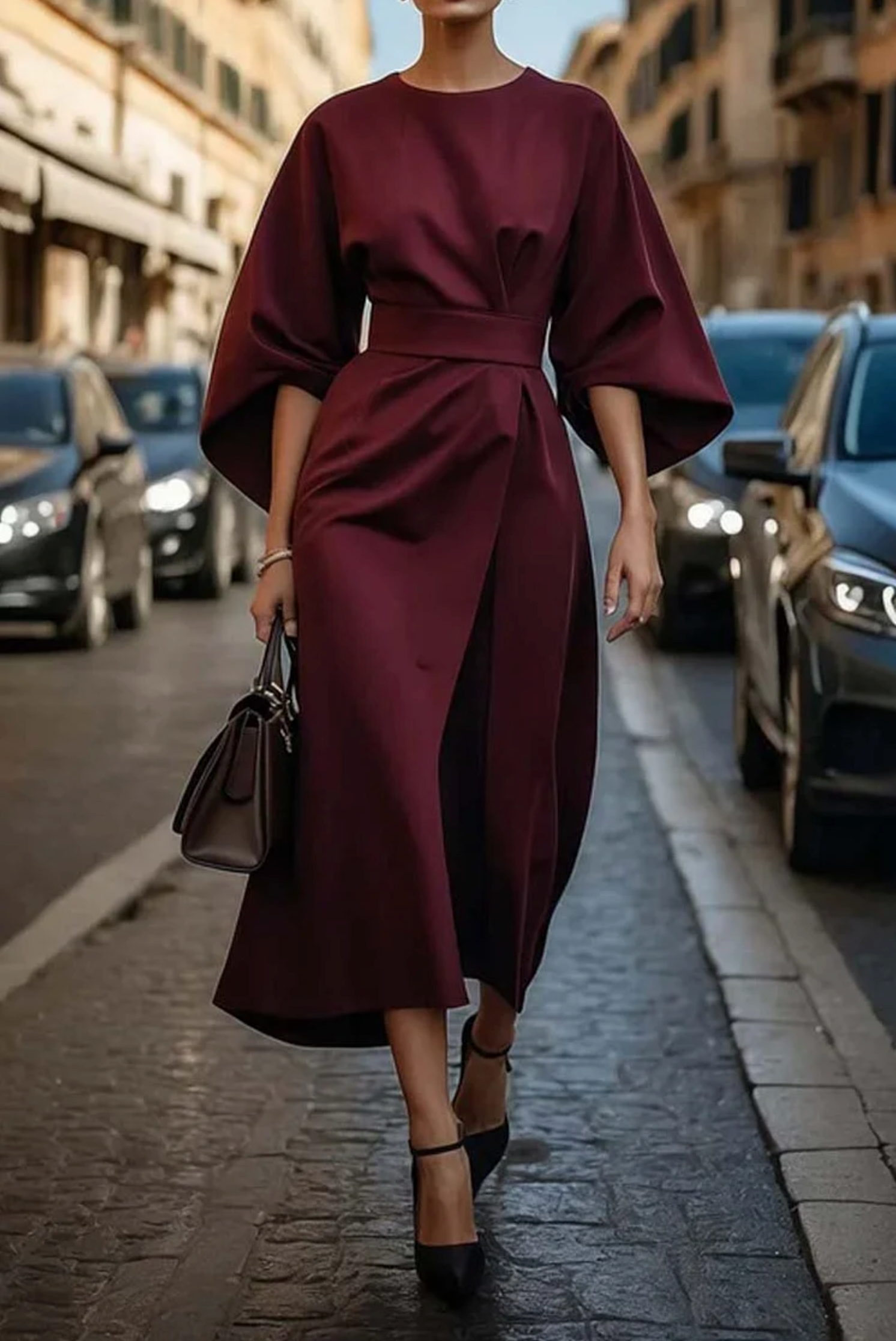 Valentina Robe Femme – Robe Midi Élégante à Manches Amples avec Taille Ceinturée