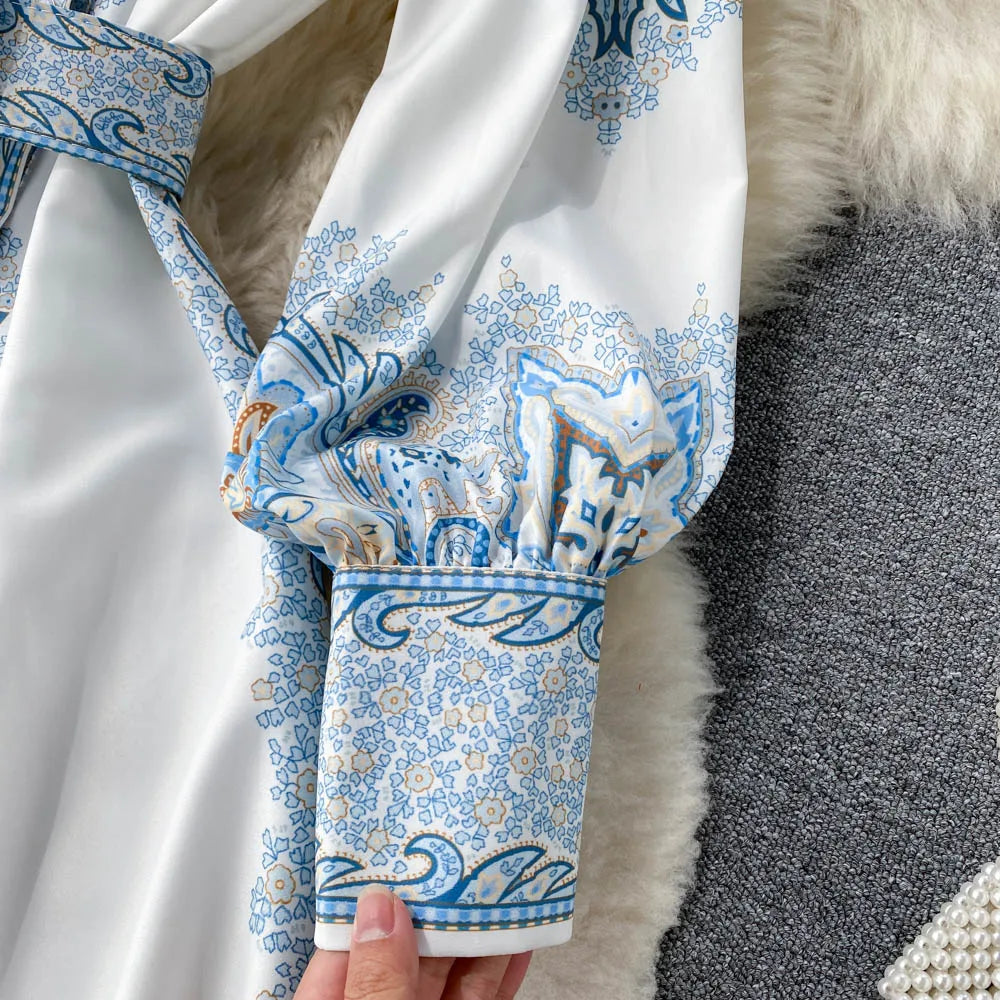 Victoria Robe Maxi Femme Imprimé Cachemire avec Ceinture et Col Élégant Chic