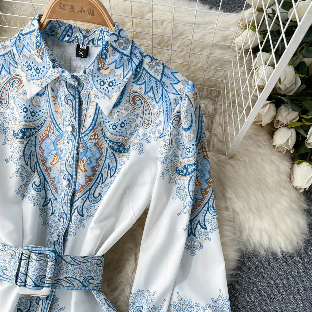 Victoria Robe Maxi Femme Imprimé Cachemire avec Ceinture et Col Élégant Chic