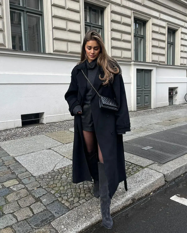 Skylar Manteau Femme en Laine – Trench Long Ceinturé avec Double Boutonnage et Style Élégant