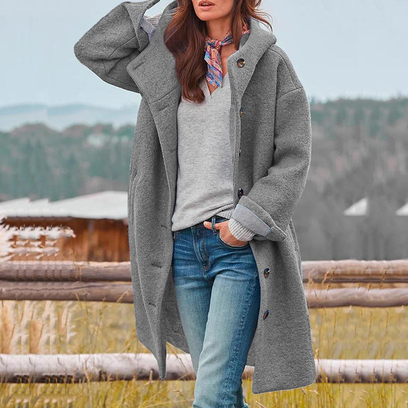 Jessica Manteau Femme – Manteau Long à Capuche avec Fermeture Boutonnée & Style Décontracté