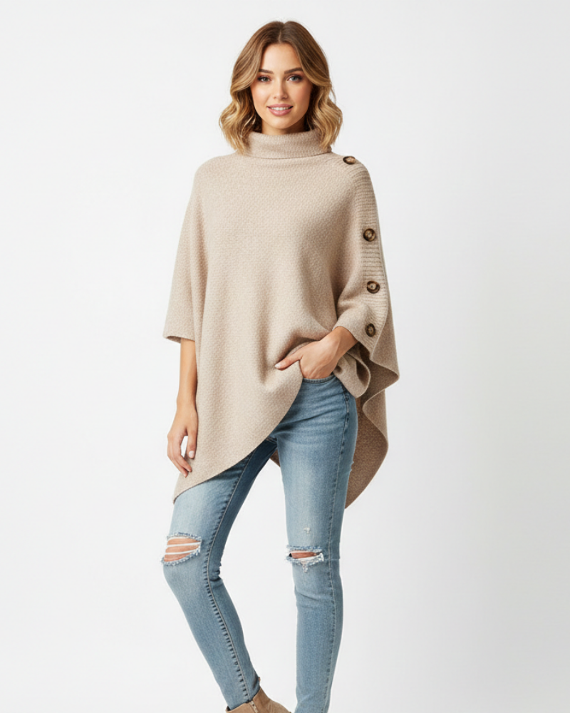 Mireille Poncho Femme – Maille Douce Oversize, Col Haut & Finition Asymétrique