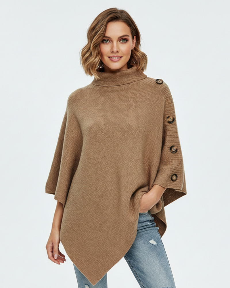 Mireille Poncho Femme – Maille Douce Oversize, Col Haut & Finition Asymétrique