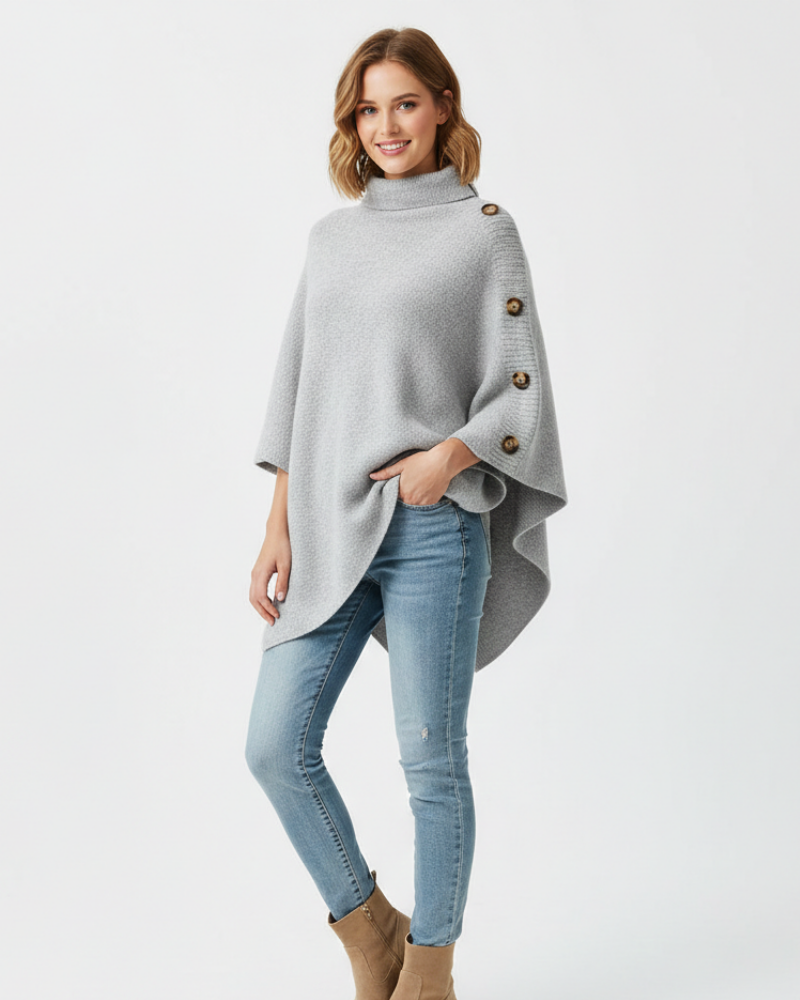 Mireille Poncho Femme – Maille Douce Oversize, Col Haut & Finition Asymétrique