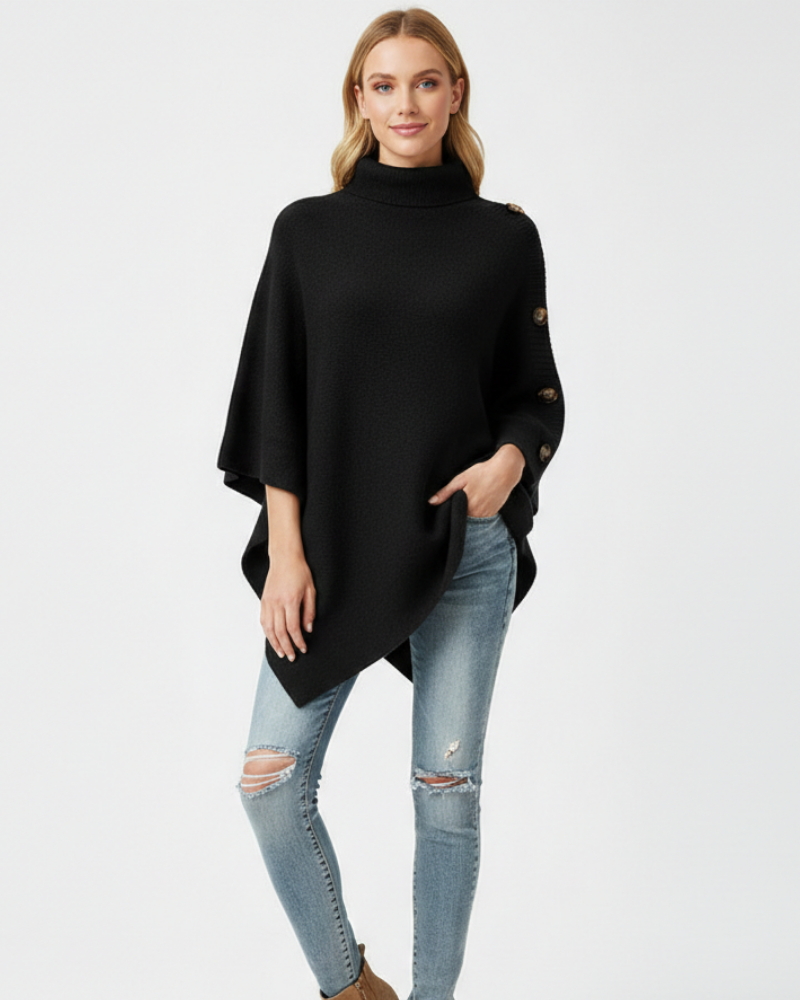 Mireille Poncho Femme – Maille Douce Oversize, Col Haut & Finition Asymétrique