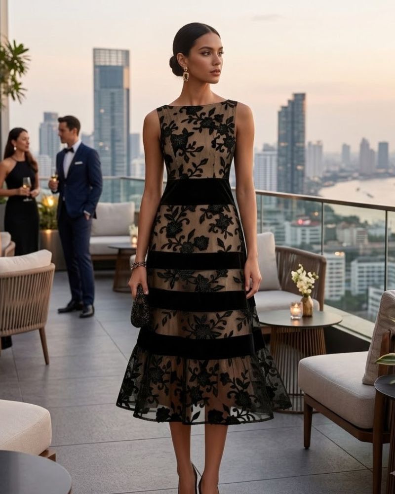 Monique Robe Midi Trapèze en Tulle – Robe Élégante Sans Manches à Fleurs 3D