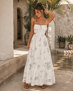 Freya – Abito lungo da donna bianco con stampa, spalline sottili, fluido ed elegante