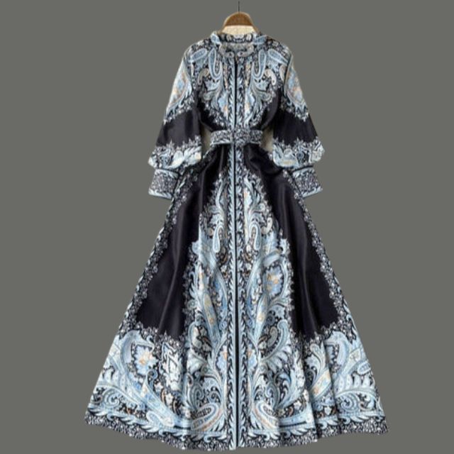 Victoria Robe Maxi Femme Imprimé Cachemire avec Ceinture et Col Élégant Chic