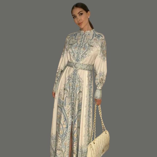 Victoria Robe Maxi Femme Imprimé Cachemire avec Ceinture et Col Élégant Chic