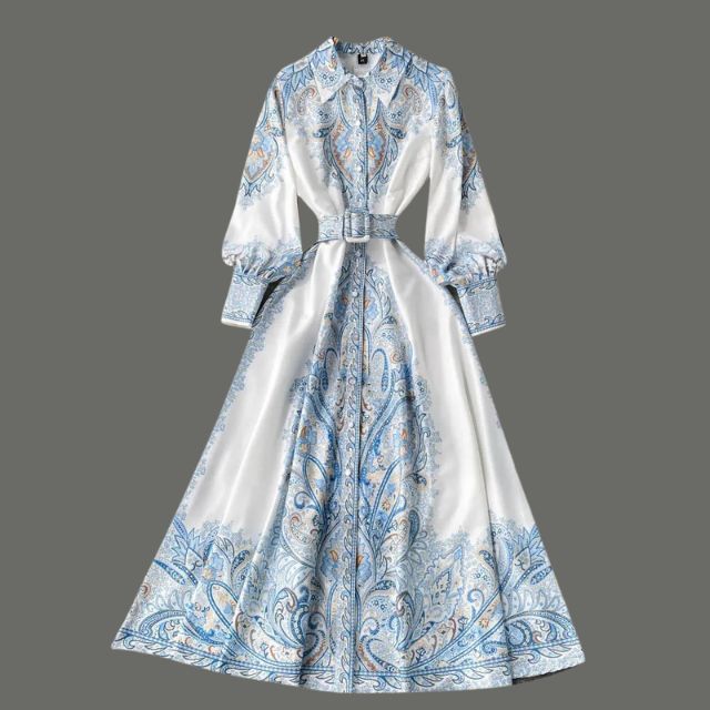 Victoria Robe Maxi Femme Imprimé Cachemire avec Ceinture et Col Élégant Chic