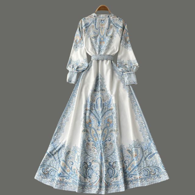 Victoria Robe Maxi Femme Imprimé Cachemire avec Ceinture et Col Élégant Chic