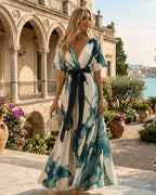 Alessia Abito Lungo Donna – Abito Elegante con Stampa Artistica e Scollo Incrociato