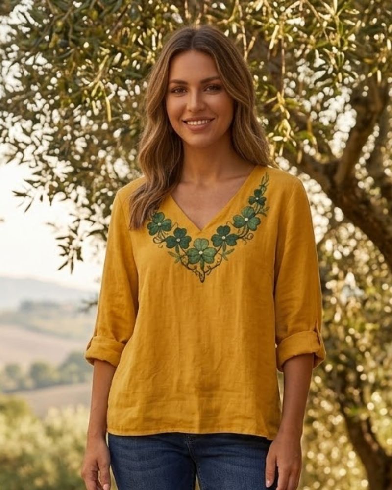 Geneviève Blouse Femme – Blouse à Col V et Broderie Élégante