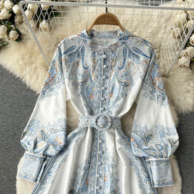 Victoria Robe Maxi Femme Imprimé Cachemire avec Ceinture et Col Élégant Chic