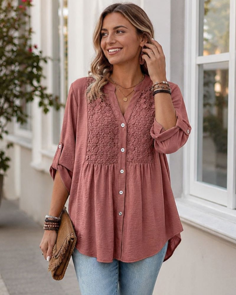 Solène Blouse Femme – Col V Boutonné, Manches Retroussables et Coupe Fluide