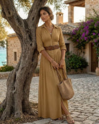 Samantha Robe Maxi en Coton – Robe Élégante Plissée à Col V et Manches Longues