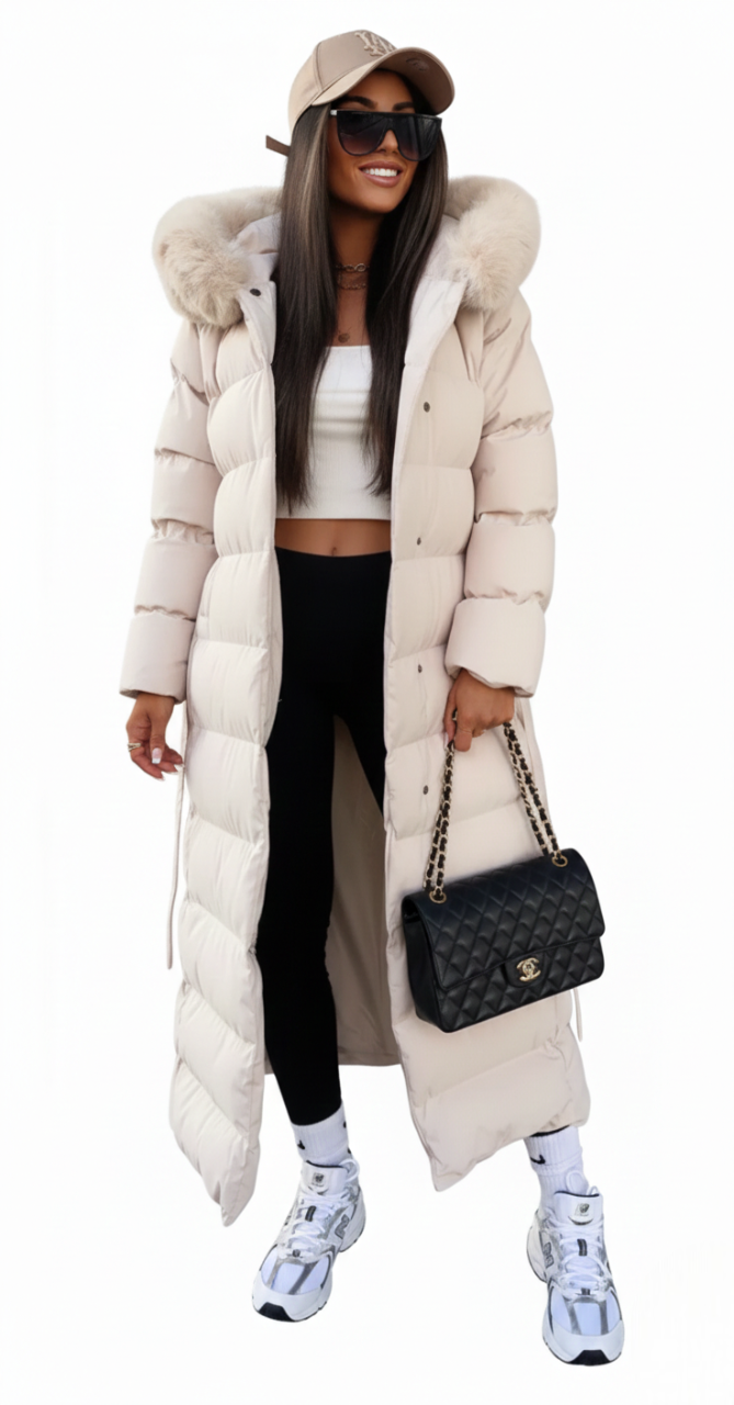 Celestine Manteau Long Femme – Doudoune Élégante à Capuche avec Col Effet Fourrure