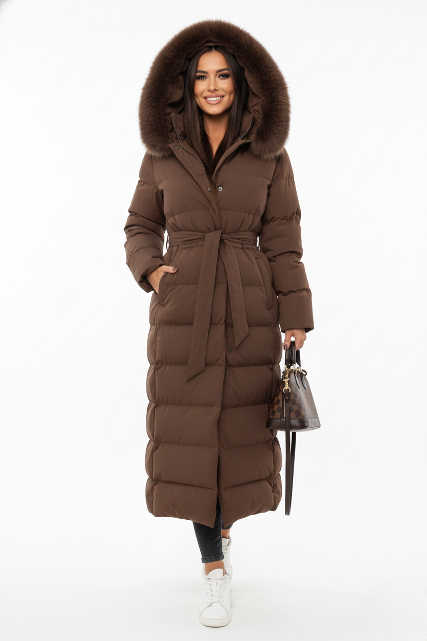 Celestine Manteau Long Femme – Doudoune Élégante à Capuche avec Col Effet Fourrure