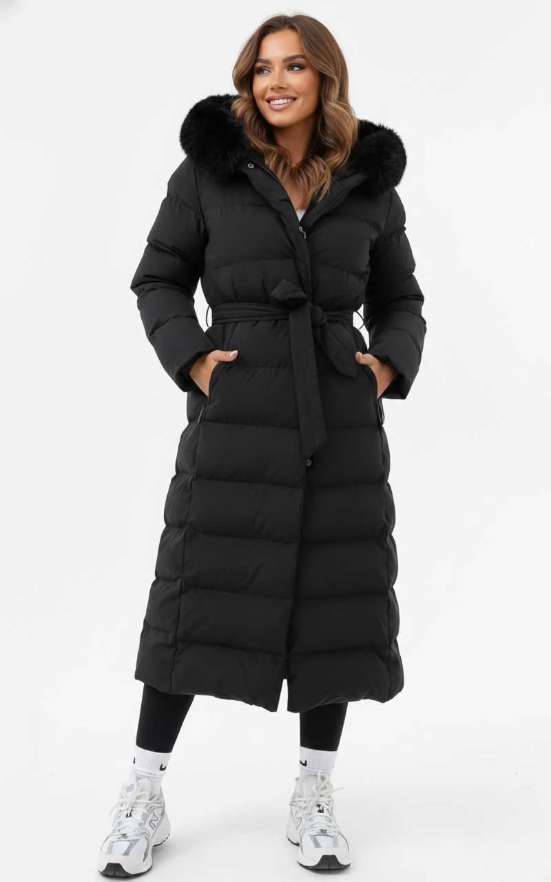 Celestine Manteau Long Femme – Doudoune Élégante à Capuche avec Col Effet Fourrure
