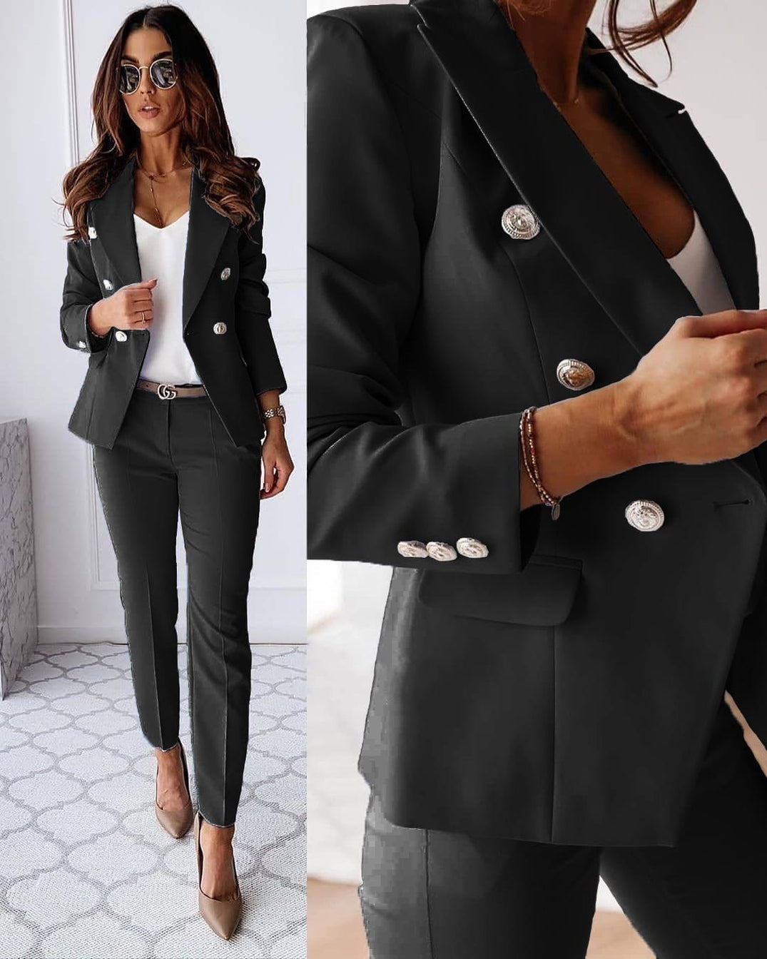Vivienne Tailleur Femme – Ensemble Élégant avec Blazer Croisé et Pantalon Ajusté