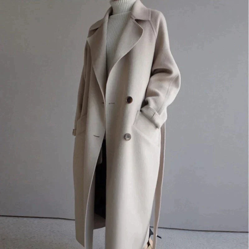 Marielle Manteau Femme – Manteau Long en Laine avec Col Tailleur Élégant