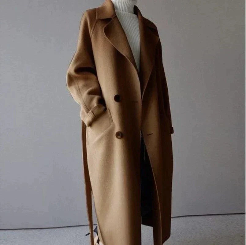 Marielle Manteau Femme – Manteau Long en Laine avec Col Tailleur Élégant