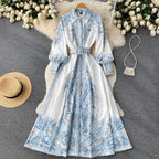 Victoria Robe Maxi Femme Imprimé Cachemire avec Ceinture et Col Élégant Chic
