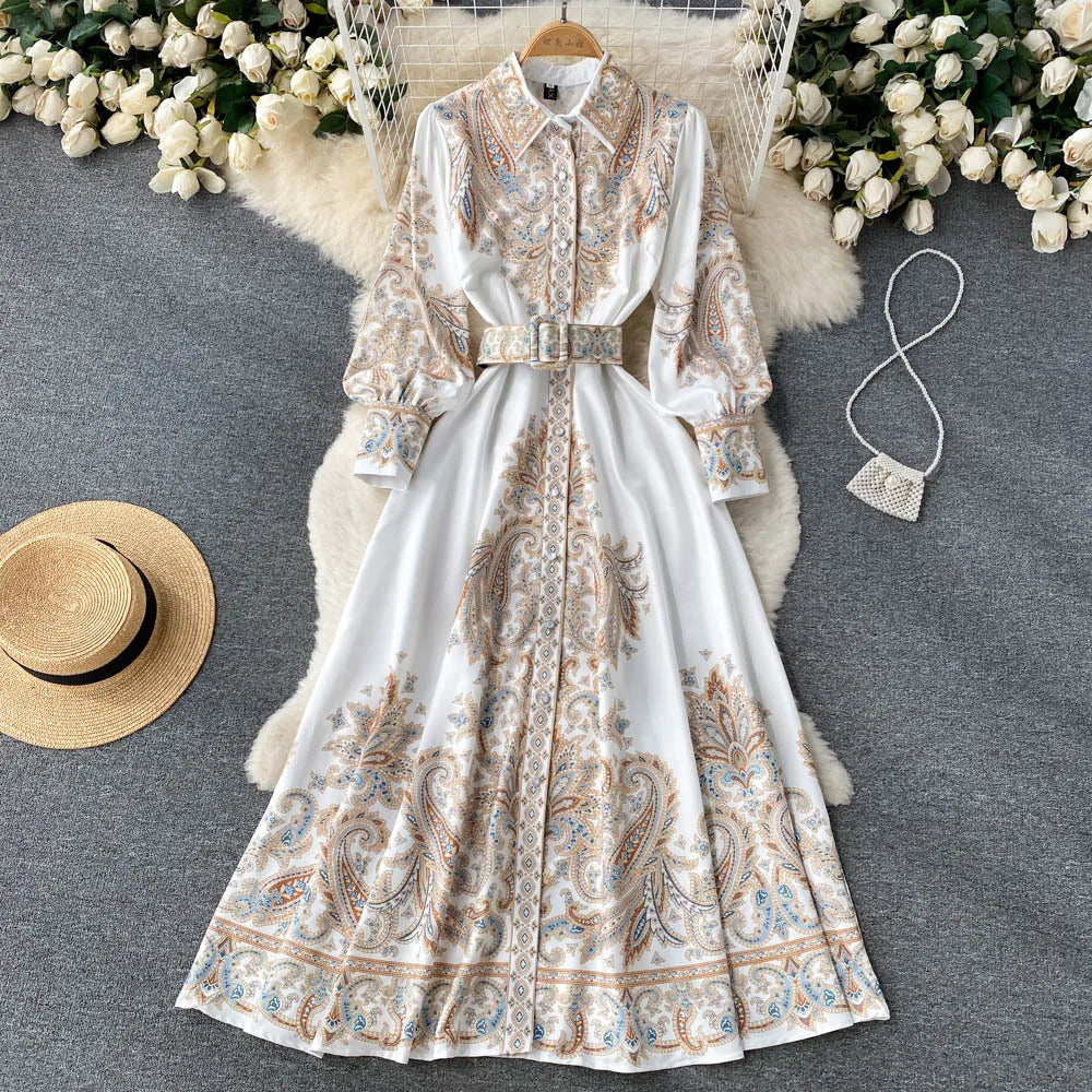 Victoria Robe Maxi Femme Imprimé Cachemire avec Ceinture et Col Élégant Chic